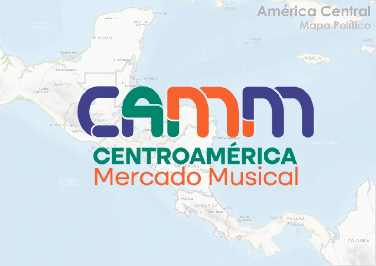 Logo de CAMM Centroamérica Mercado Musical sobre un mapa de América Central.