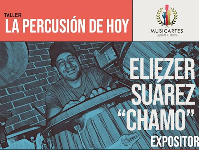 Afiche del taller «La percusión de hoy» con el expositor Eliezer Suárez «Chamo».