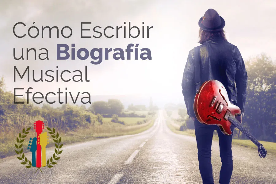 Gráfico «Cómo escribir una biografía musical efectiva» con un músico de espaldas, con guitarra eléctrica roja, en una carretera.
