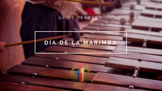 Gráfico «Día de la Marimba, 20 de febrero» sobre las teclas de una marimba y manos con baquetas.