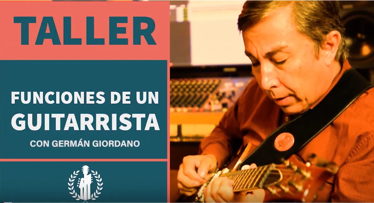 Gráfico del taller «Funciones de un guitarrista» con Germán Giordano tocando guitarra.