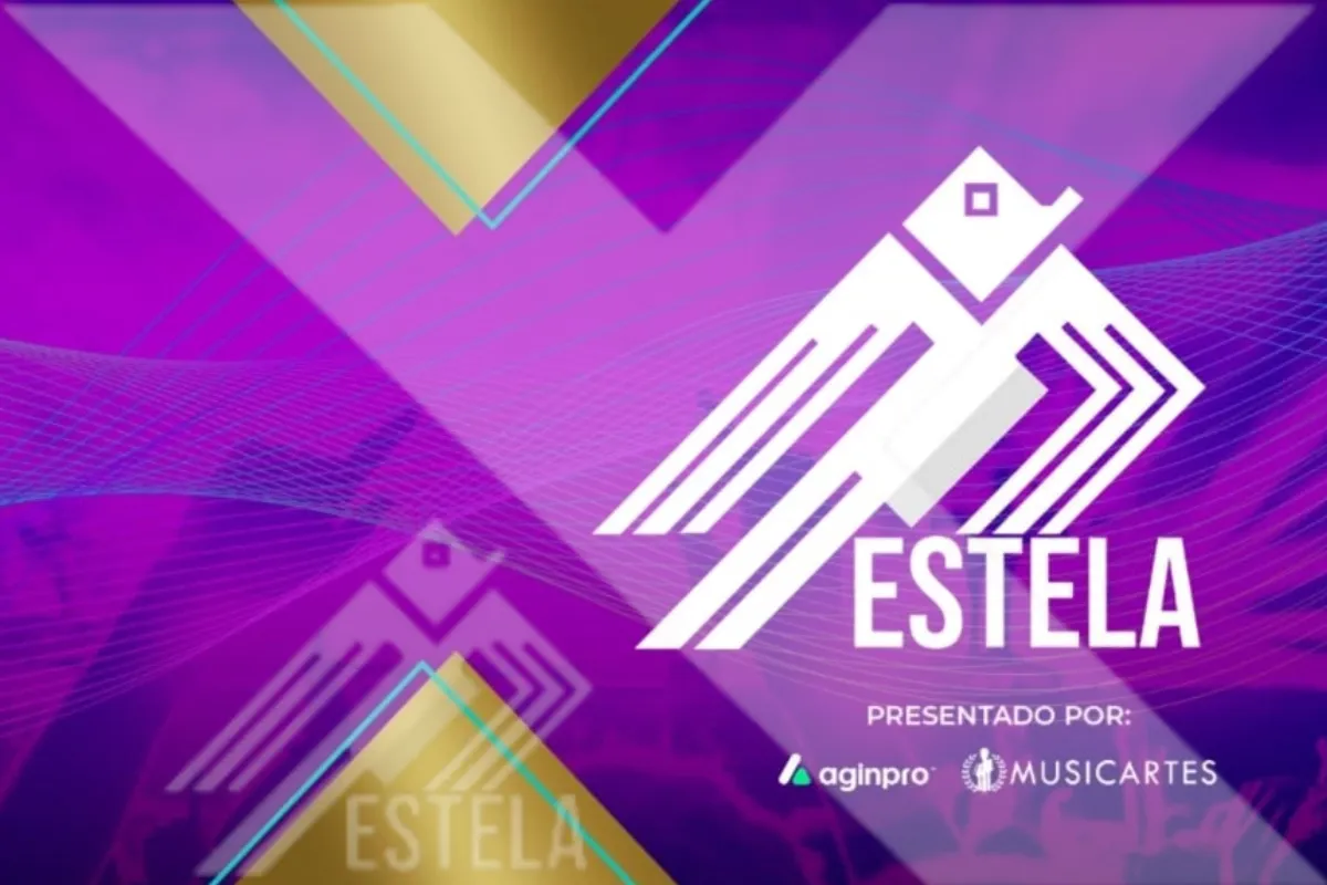 Gráfico de Premios Estela X con el logotipo de Estela, presentado por AGINPRO y MUSICARTES.