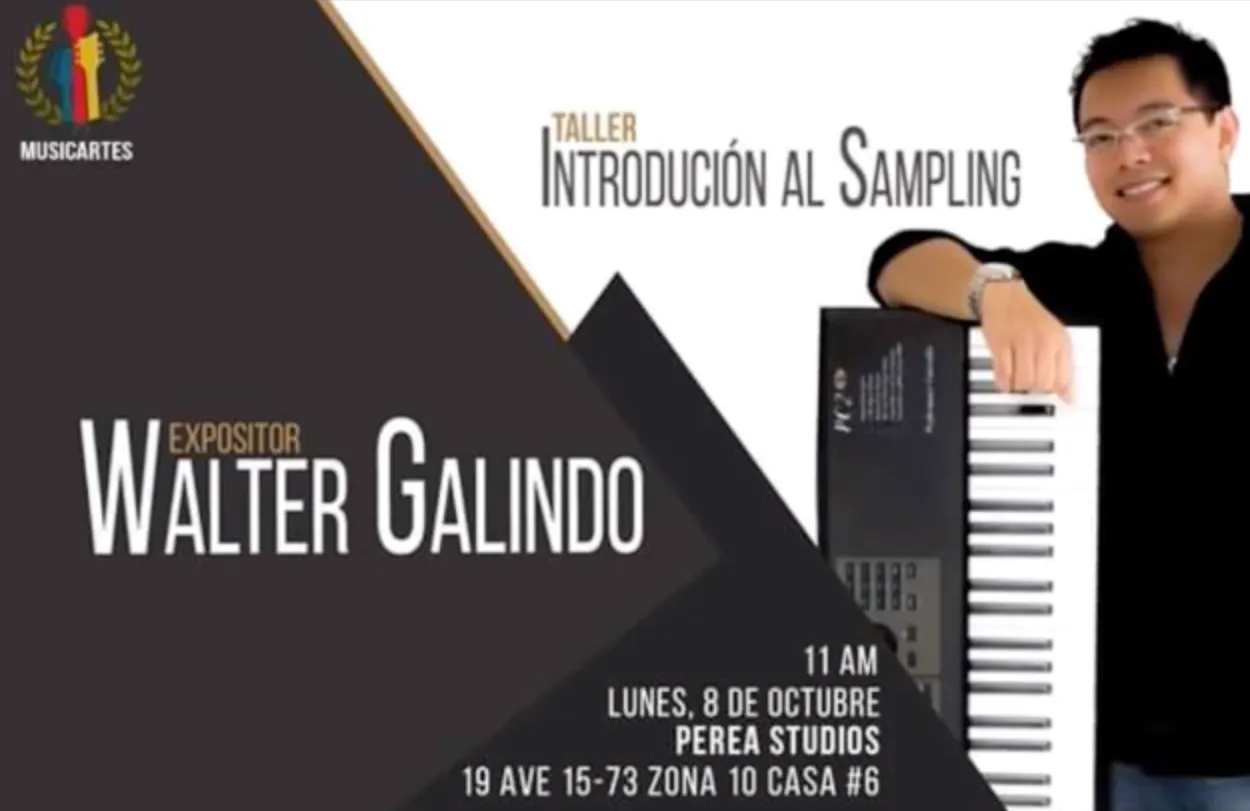 Afiche del taller «Introducción al sampling» con el expositor Walter Galindo junto a un teclado.