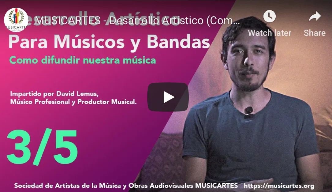Portada del video «Desarrollo artístico para músicos y bandas: cómo difundir nuestra música», impartido por David Lemus.