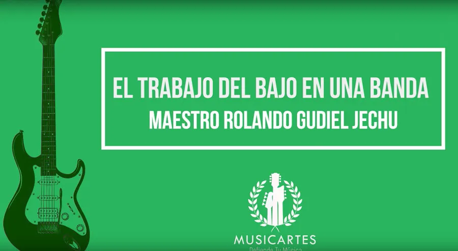 Gráfico «El trabajo del bajo en una banda» del maestro Rolando Gudiel Jechu, con una guitarra eléctrica.