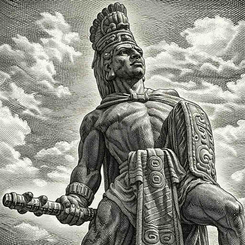 Ilustración en grabado de la estatua de Tecún Umán con penacho y un bastón en la mano, sobre un cielo con nubes.